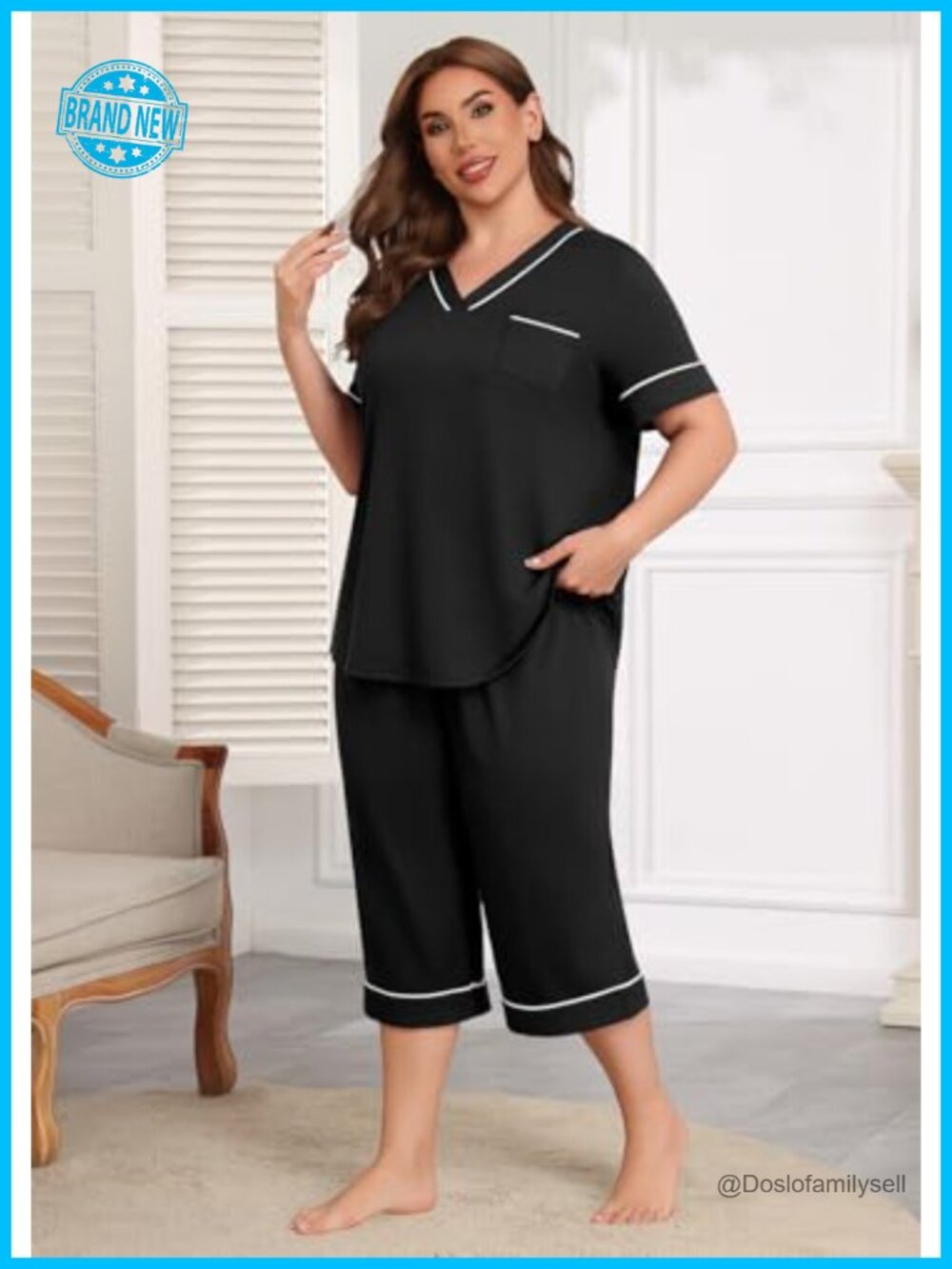 Plus Size Pajama Set 2 Piece V Neck Short Sleeve Capri Pants Lounge Set Knit - Picture 4 of 6